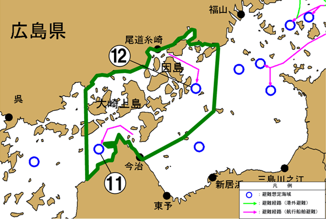 来島・尾道海域　避難想定海域及び避難経路